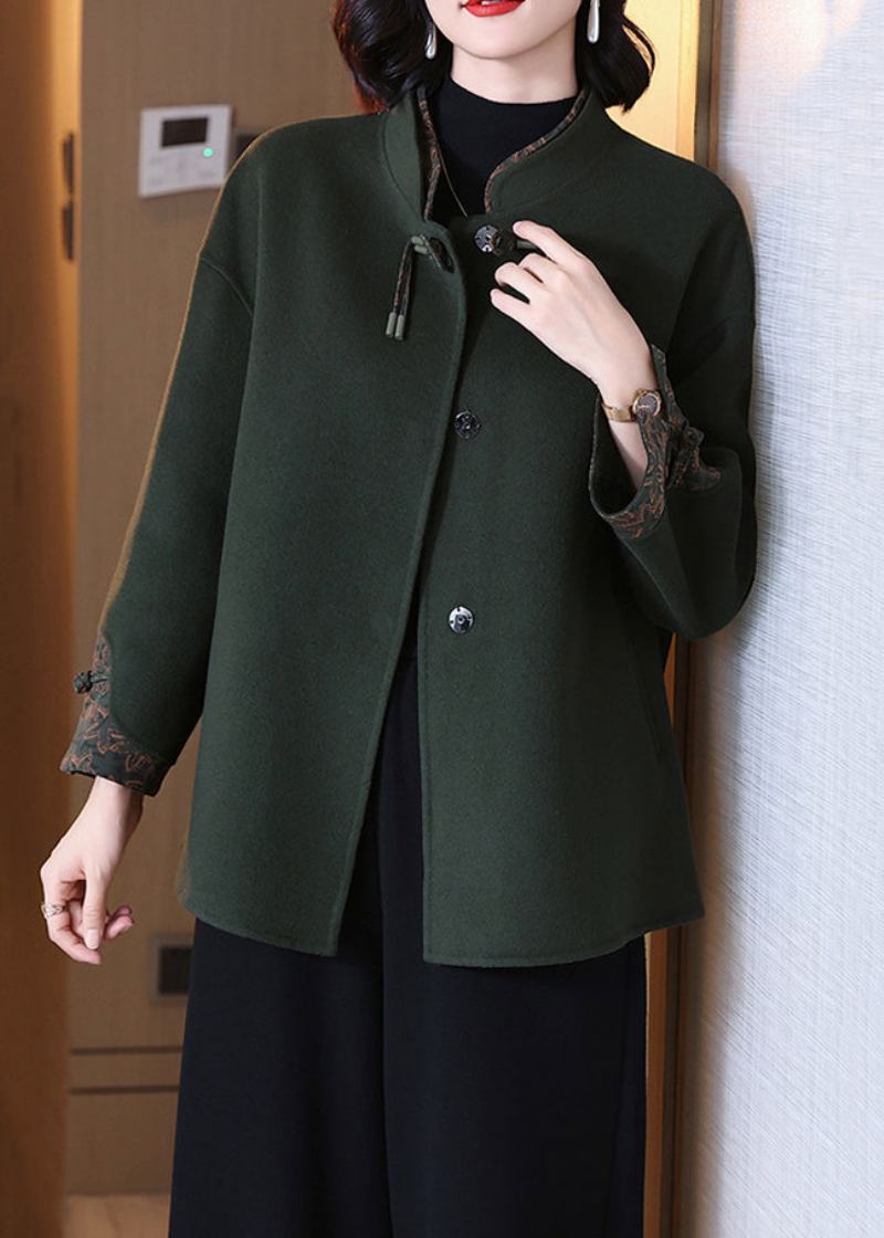 Élégant Manteau En Laine À Boutons Unis Vert Noirâtre À Manches Longues - Manteaux d'hiver femmes