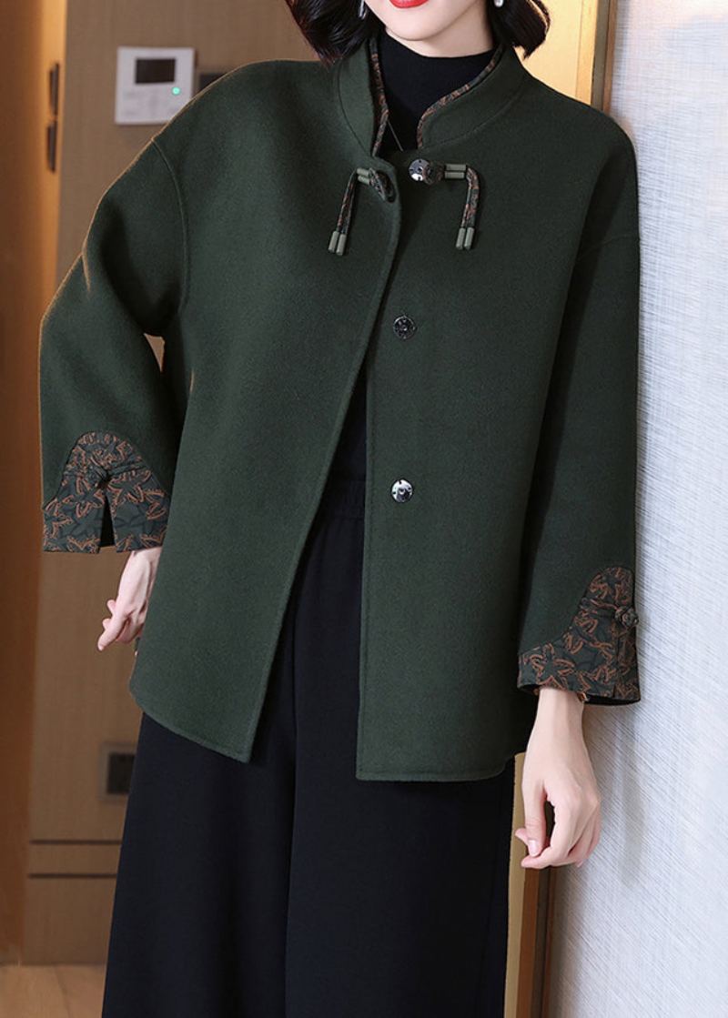 Élégant Manteau En Laine À Boutons Unis Vert Noirâtre À Manches Longues - Manteaux d'hiver femmes