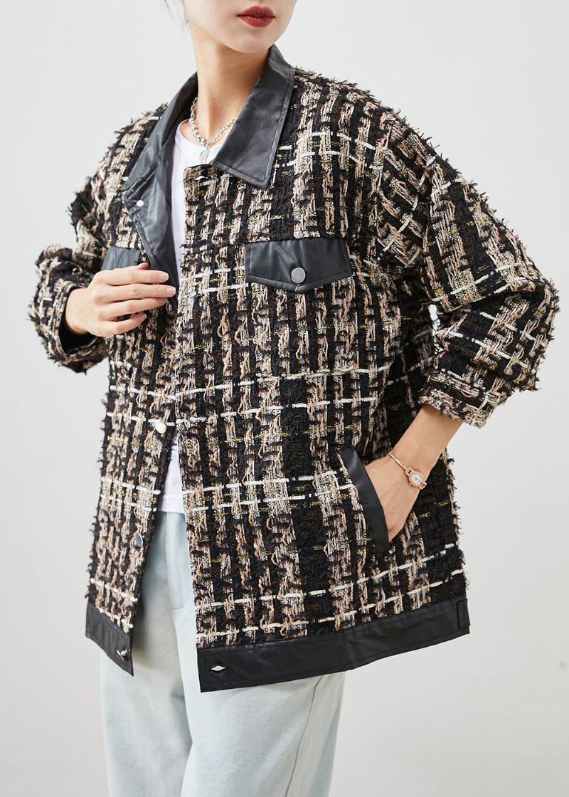 Élégant Noir Col Claudine Patchwork Coton Manteau Vêtements D'extérieur Automne - Manteaux d'hiver femmes