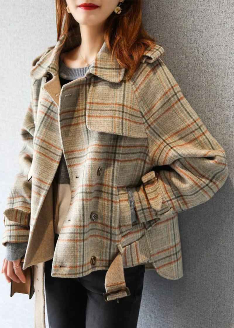 Élégant Plaid Bouton Poches Patchwork Manteau En Laine Automne