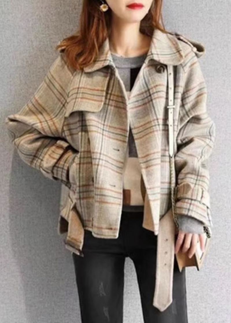 Élégant Plaid Bouton Poches Patchwork Manteau En Laine Automne - Manteaux d'hiver femmes