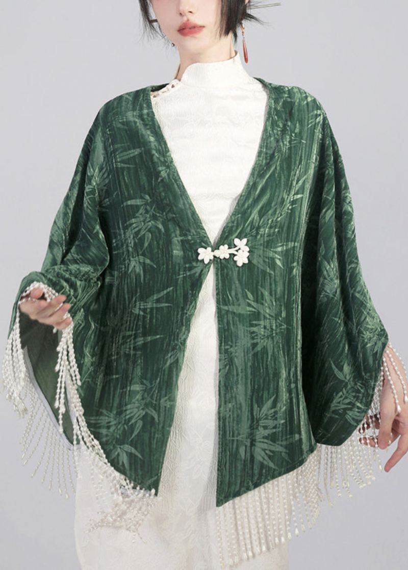 Élégant Vert Glands Chinois Bouton Coton Cape Manteaux Printemps - Manteaux d'hiver femmes