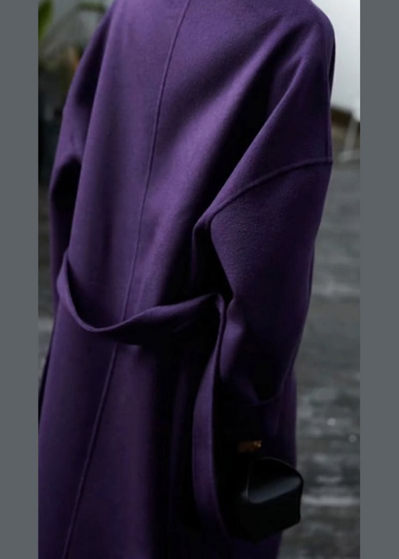 Élégant Violet Poches Cravate Taille Patchwork Manteau En Laine Hiver - Manteaux d'hiver femmes