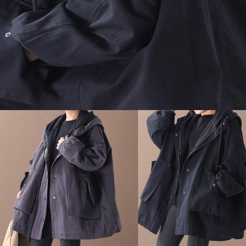 Faux Deux Pièces À Capuche Simple Manteaux Fins Pour Femmes Manteau D'art Noir - Noir