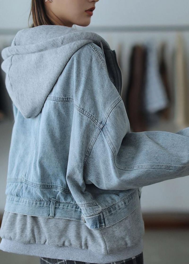 Faux Manteaux Français À Capuche Deux Pièces Pour Femmes Fins En Denim Bleu Amples - Manteaux d'hiver femmes