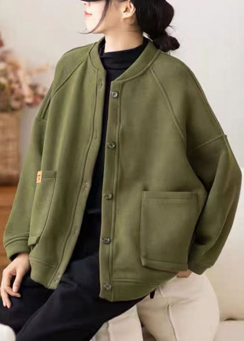 Femmes Armée Vert Col Rond Poches Patchwork Col Manteau Polaire Hiver - Vert Armée