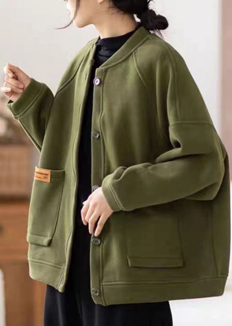 Femmes Armée Vert Col Rond Poches Patchwork Col Manteau Polaire Hiver - Vert Armée