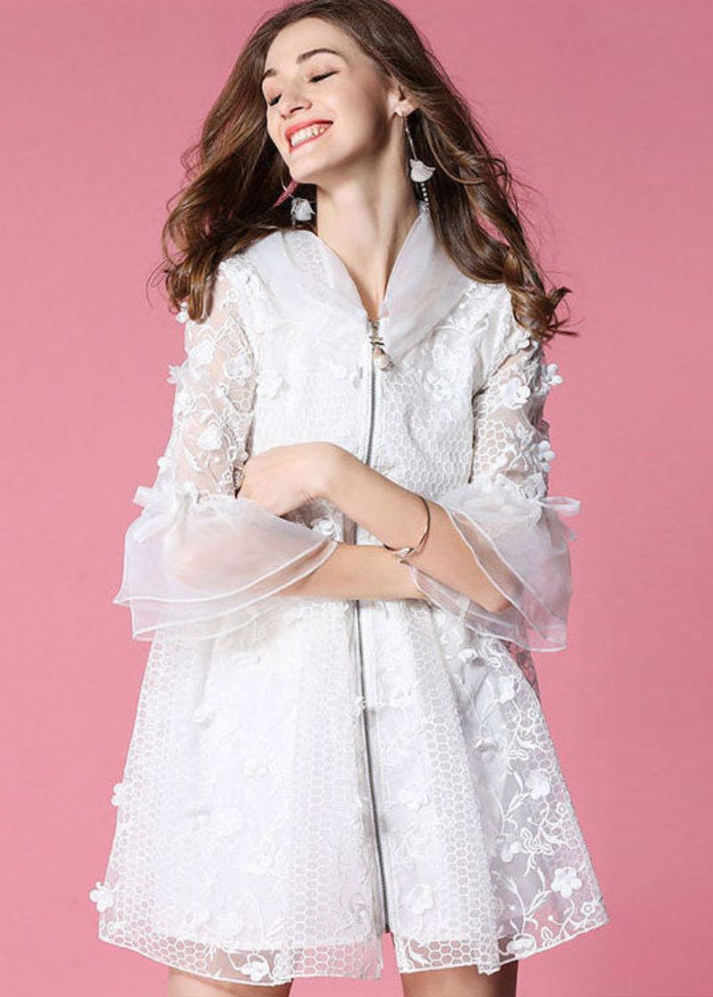 Femmes Blanc À Capuche Évider Applique Organza Veste Printemps