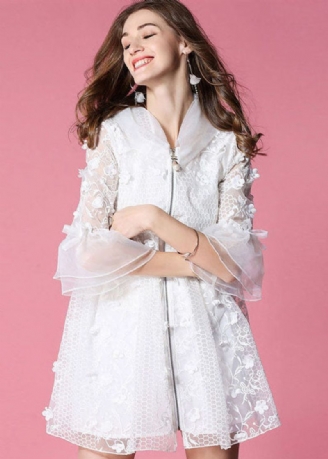 Femmes Blanc À Capuche Évider Applique Organza Veste Printemps