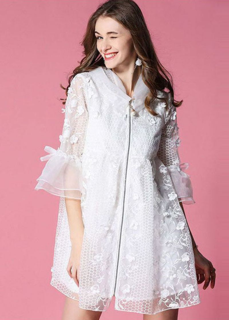 Femmes Blanc À Capuche Évider Applique Organza Veste Printemps - Manteaux d'hiver femmes