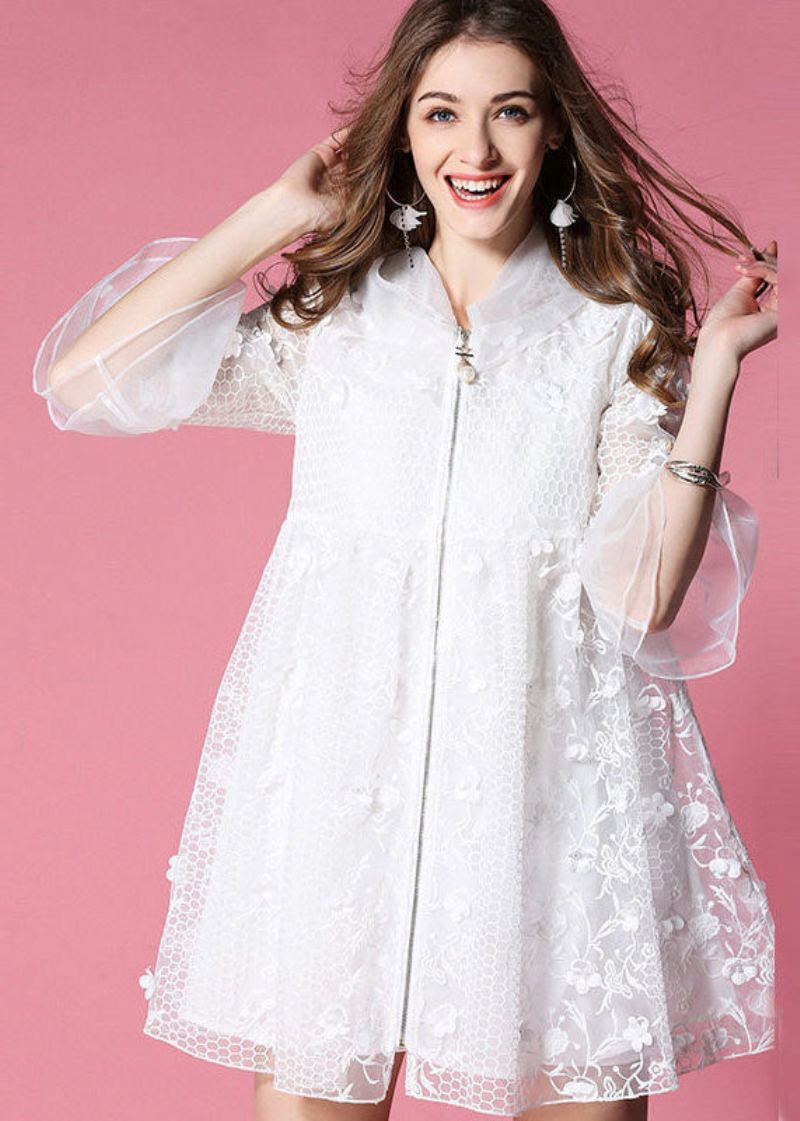 Femmes Blanc À Capuche Évider Applique Organza Veste Printemps - Manteaux d'hiver femmes