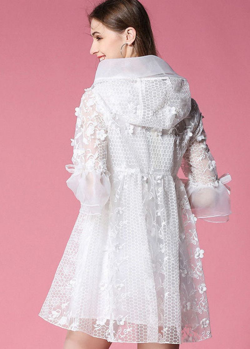 Femmes Blanc À Capuche Évider Applique Organza Veste Printemps - Manteaux d'hiver femmes