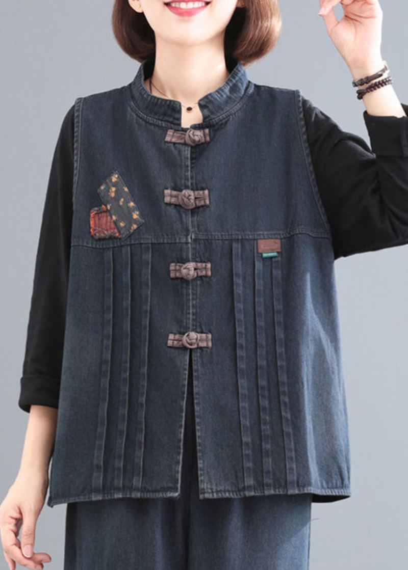 Femmes Bleu Col Montant Patchwork Denim Manteau Sans Manches - Bleu