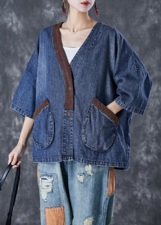 Femmes Bleu Col En V Patchwork Poches Denim Manteaux Été