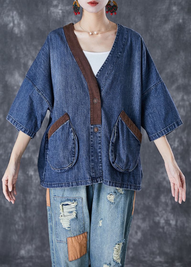 Femmes Bleu Col En V Patchwork Poches Denim Manteaux Été - Manteaux d'hiver femmes