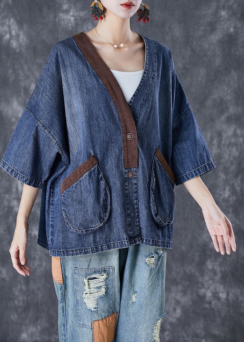 Femmes Bleu Col En V Patchwork Poches Denim Manteaux Été - Manteaux d'hiver femmes