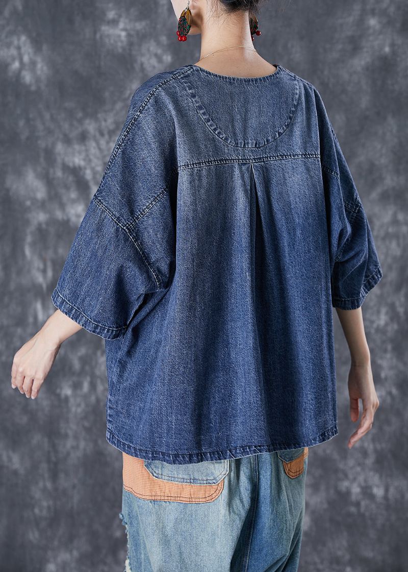 Femmes Bleu Col En V Patchwork Poches Denim Manteaux Été - Manteaux d'hiver femmes