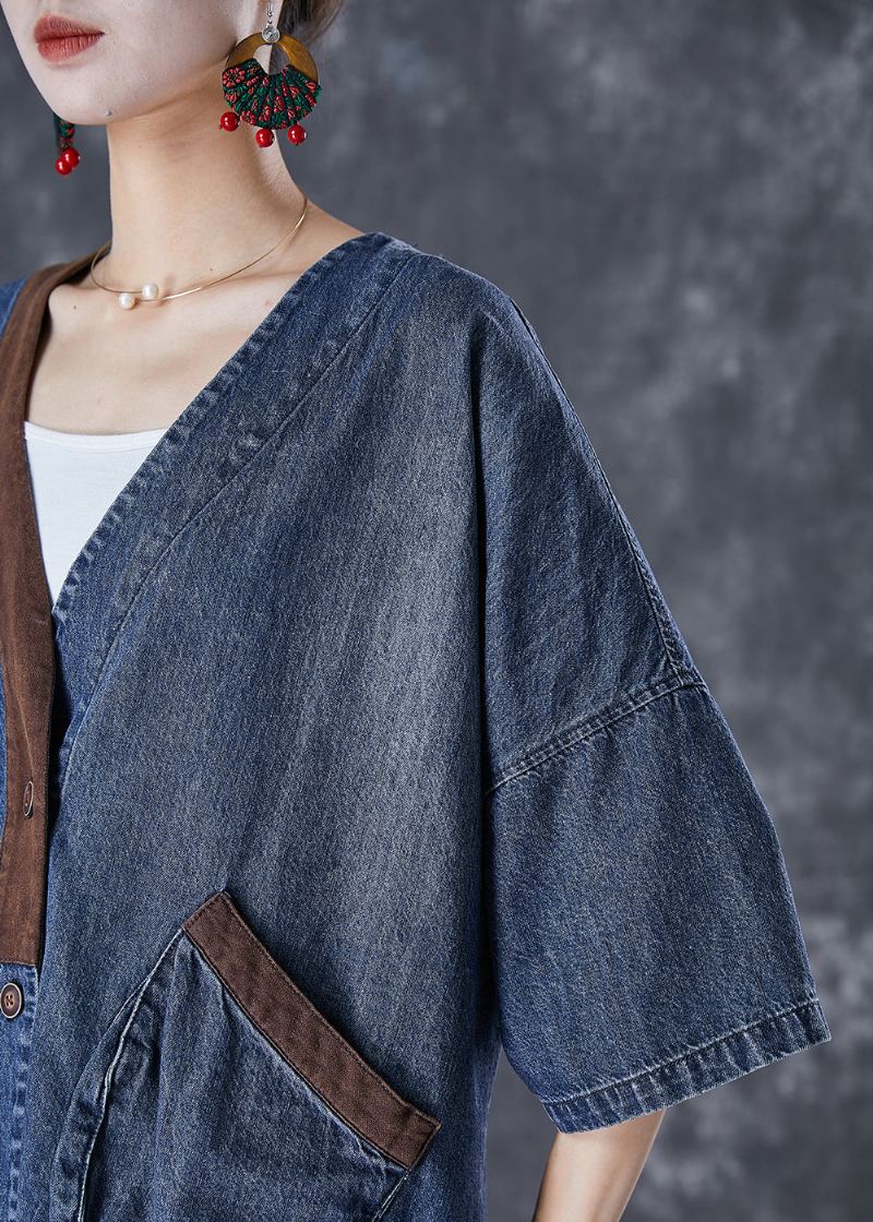 Femmes Bleu Col En V Patchwork Poches Denim Manteaux Été - Manteaux d'hiver femmes