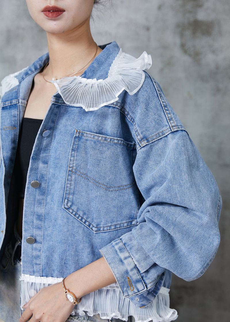 Femmes Bleu À Volants Patchwork Denim Manteaux Printemps - Manteaux d'hiver femmes