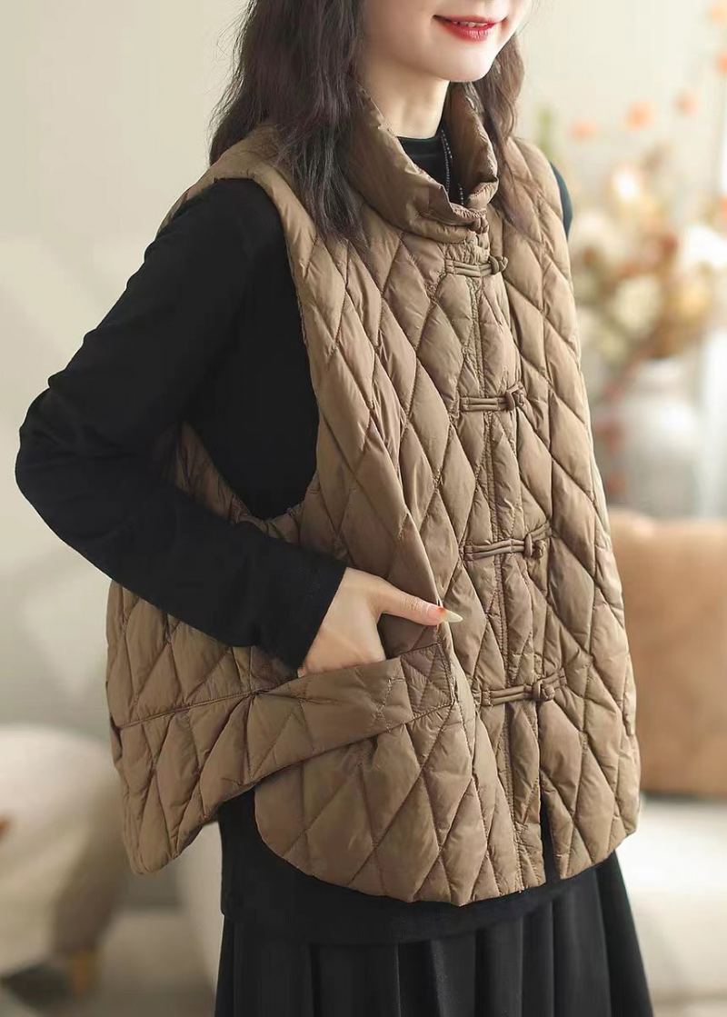 Femmes Café Bouton Poches Patchwork Coton Rempli Gilet Sans Manches