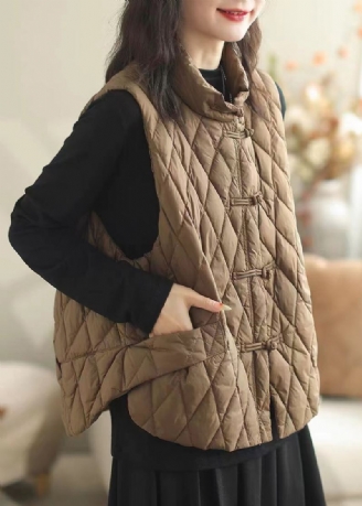 Femmes Café Bouton Poches Patchwork Coton Rempli Gilet Sans Manches