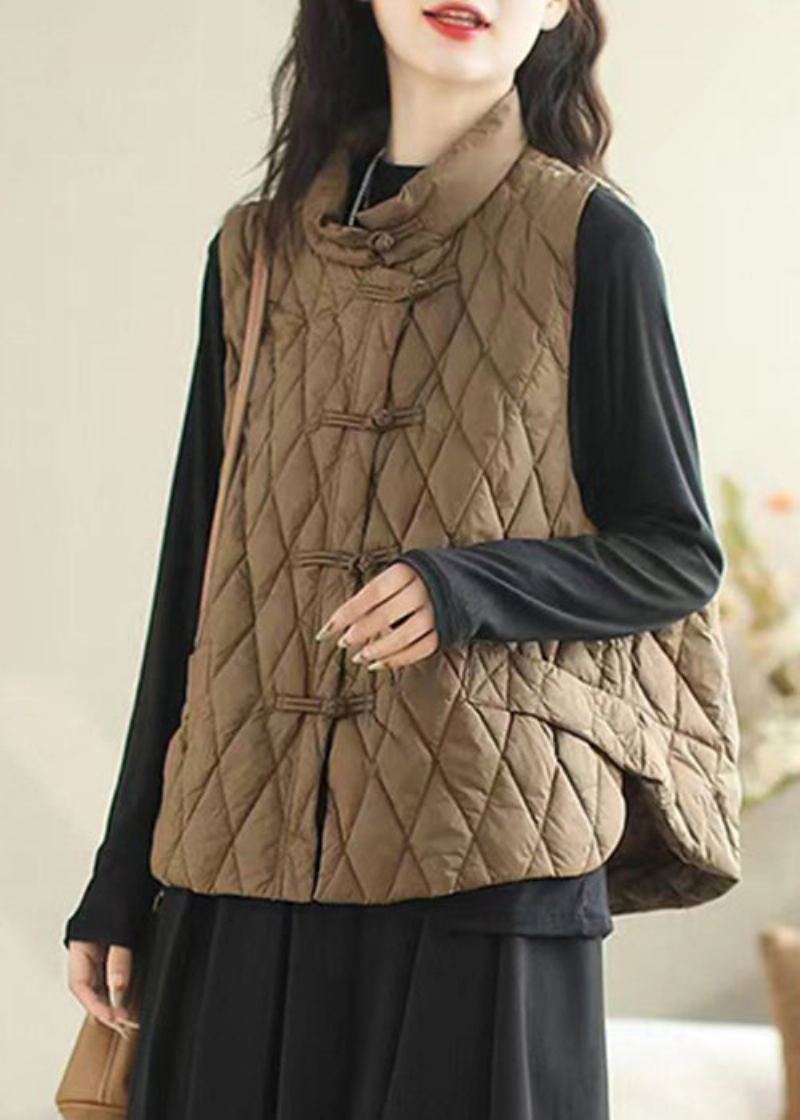 Femmes Café Bouton Poches Patchwork Coton Rempli Gilet Sans Manches - Manteaux d'hiver femmes