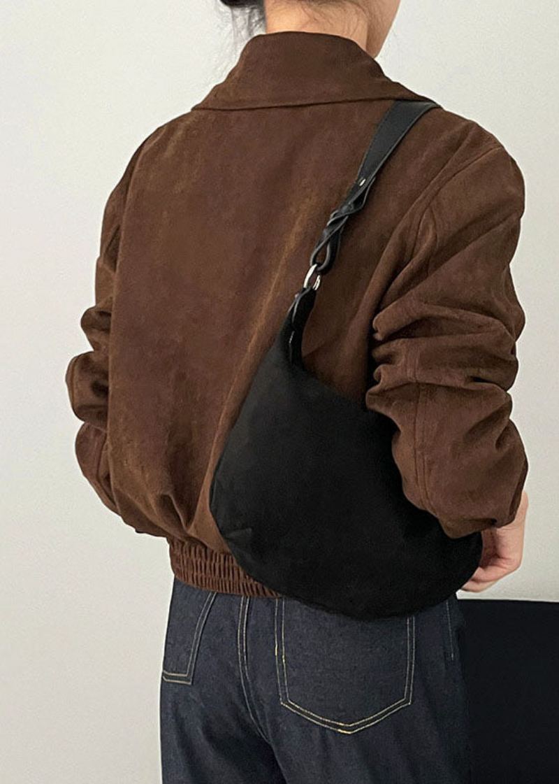 Femmes Chocolat Poches Zippées Patchwork Faux Daim Manteau À Manches Longues - Chocolat