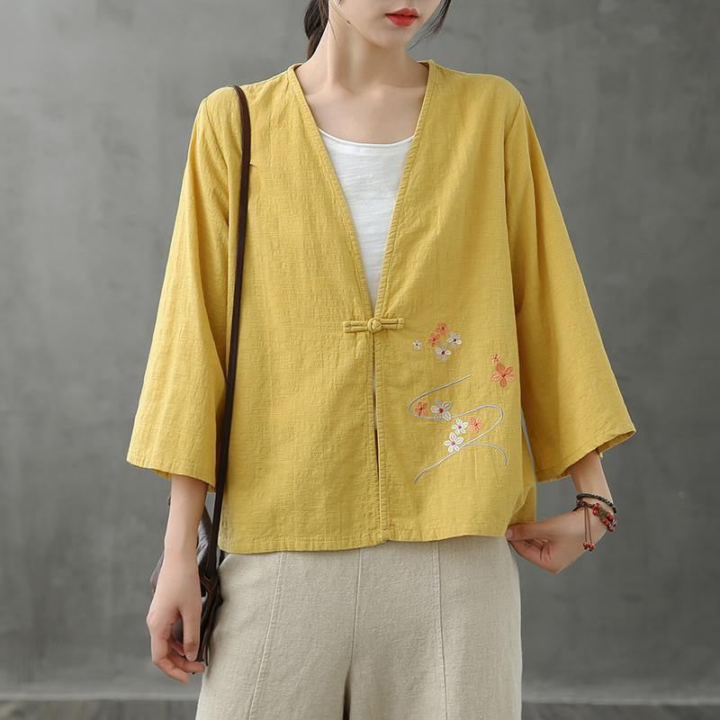 Femmes Col En V Bouton Chinois Hauts Chemisiers Motif Chemises Jaunes