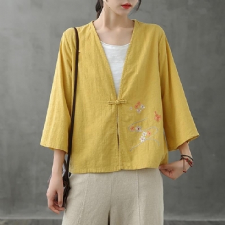 Femmes Col En V Bouton Chinois Hauts Chemisiers Motif Chemises Jaunes