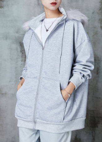 Femmes Gris À Capuche Poches Chaud Polaire Sweat Manteaux Printemps