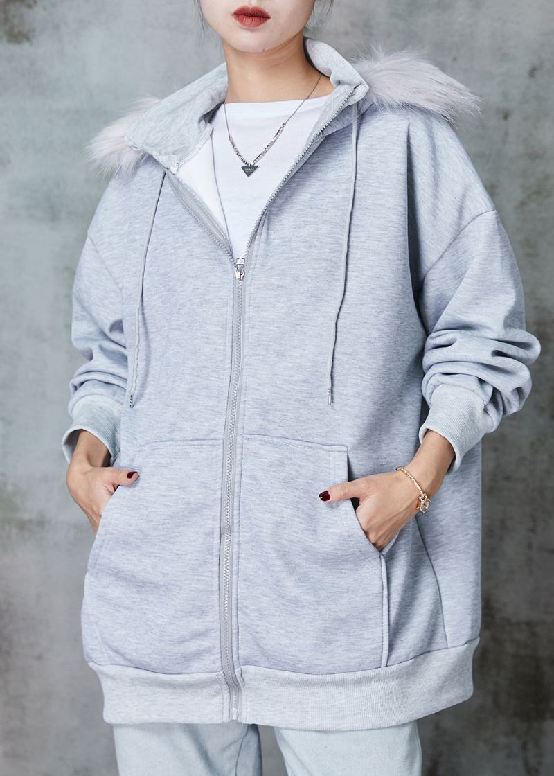 Femmes Gris À Capuche Poches Chaud Polaire Sweat Manteaux Printemps - Manteaux d'hiver femmes