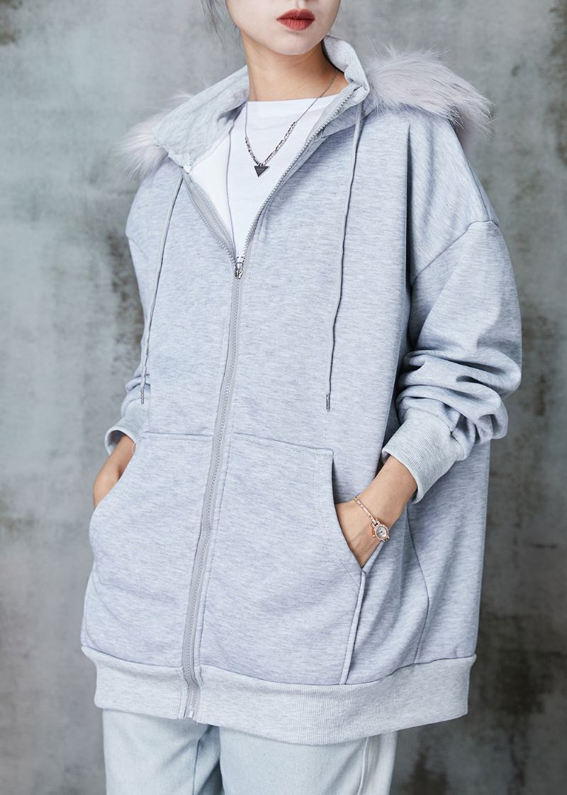 Femmes Gris À Capuche Poches Chaud Polaire Sweat Manteaux Printemps - Manteaux d'hiver femmes