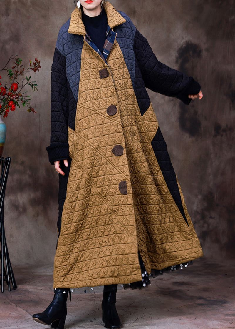 Femmes Jaune Col Montant Patchwork Bouton Amovible Coton Maxi Manteaux À Manches Longues - Manteaux d'hiver femmes