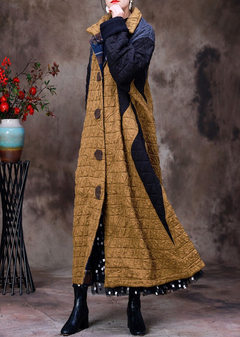 Femmes Jaune Col Montant Patchwork Bouton Amovible Coton Maxi Manteaux À Manches Longues - Manteaux d'hiver femmes