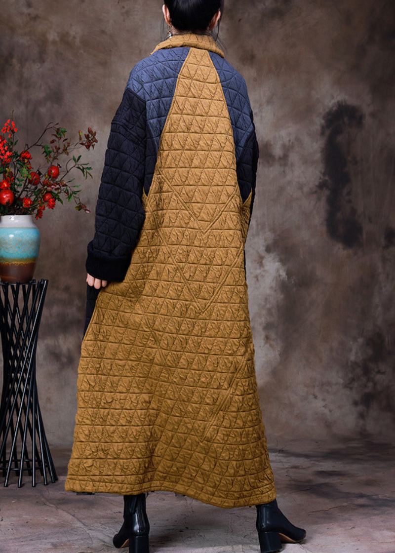 Femmes Jaune Col Montant Patchwork Bouton Amovible Coton Maxi Manteaux À Manches Longues - Manteaux d'hiver femmes