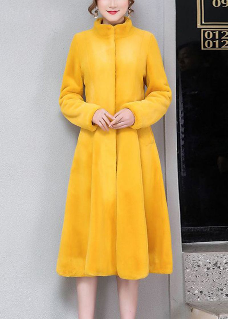 Femmes Jaune Col Montant Silm Fit Fausse Fourrure Trench Hiver