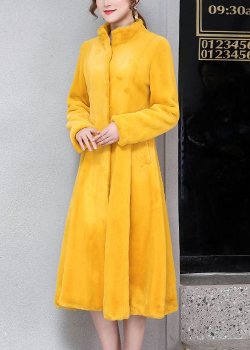 Femmes Jaune Col Montant Silm Fit Fausse Fourrure Trench Hiver - Manteaux d'hiver femmes