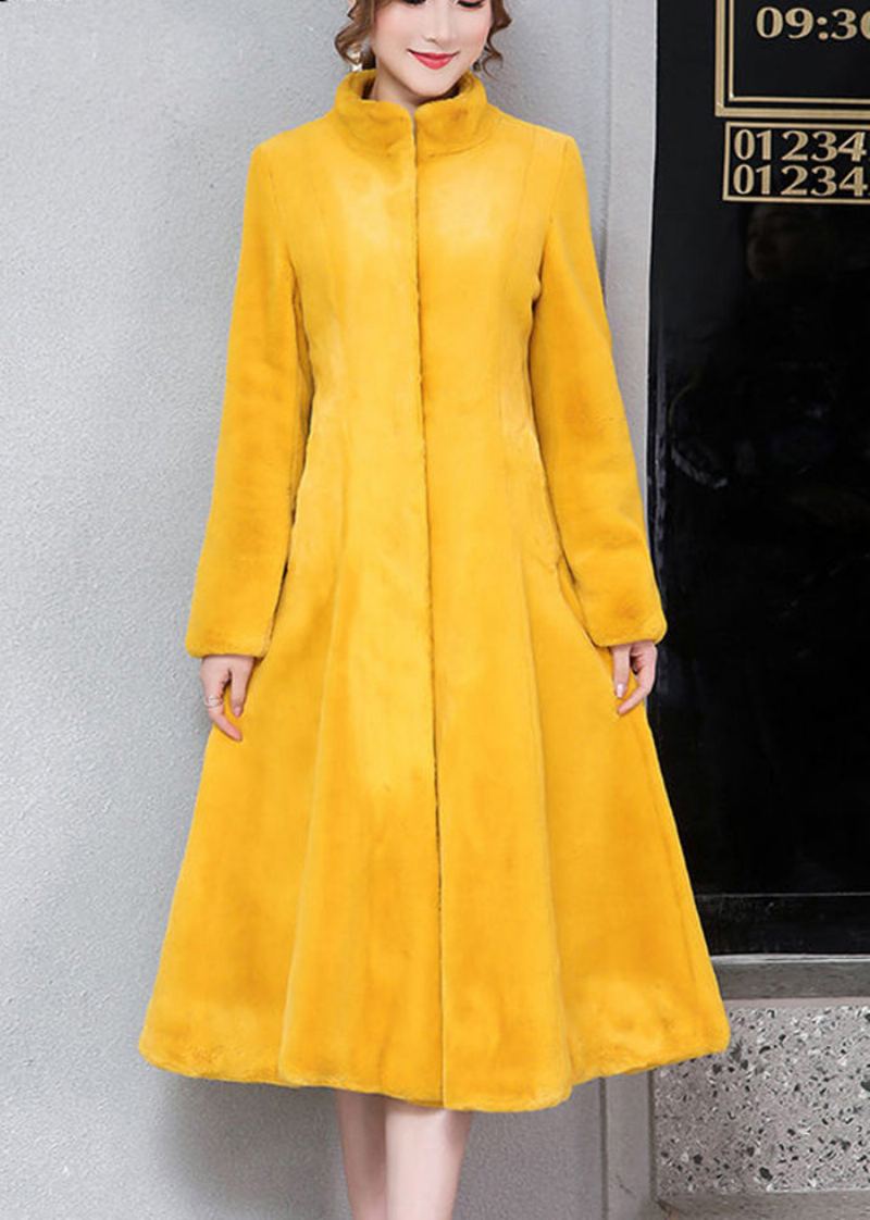 Femmes Jaune Col Montant Silm Fit Fausse Fourrure Trench Hiver - Manteaux d'hiver femmes