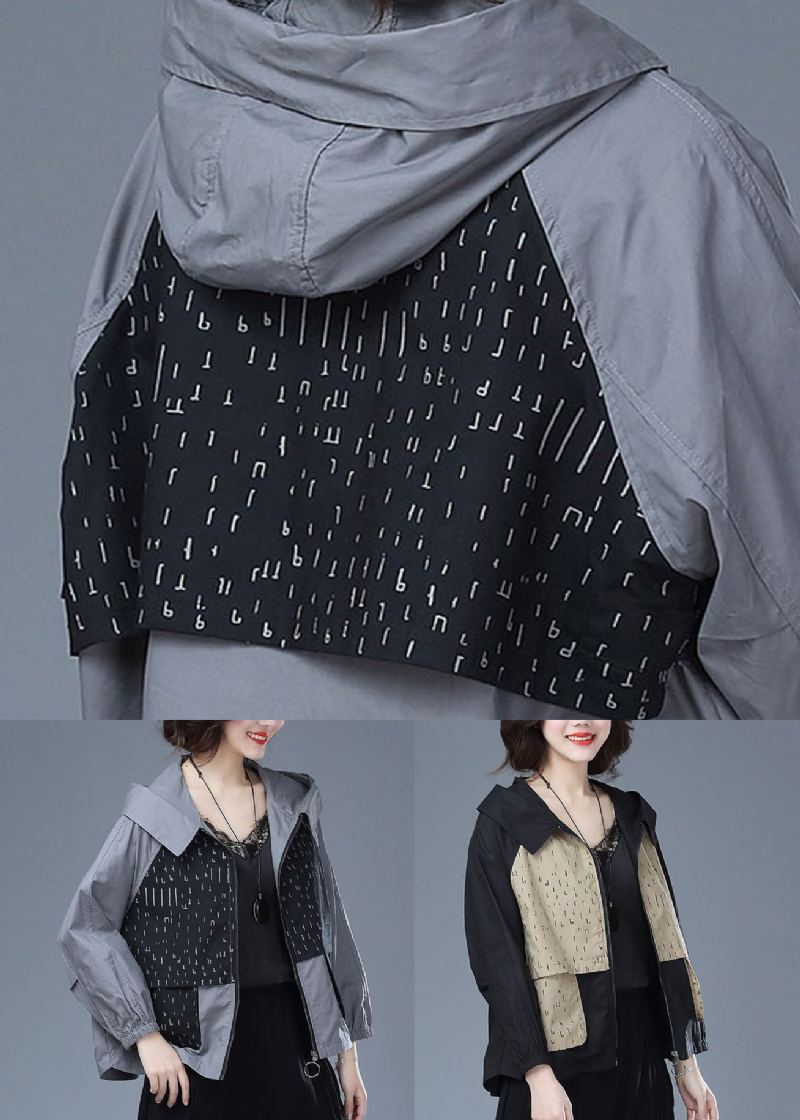 Femmes Noir À Capuche Imprimé Poches Patchwork Couverture En Coton Manteaux Automne - Manteaux d'hiver femmes