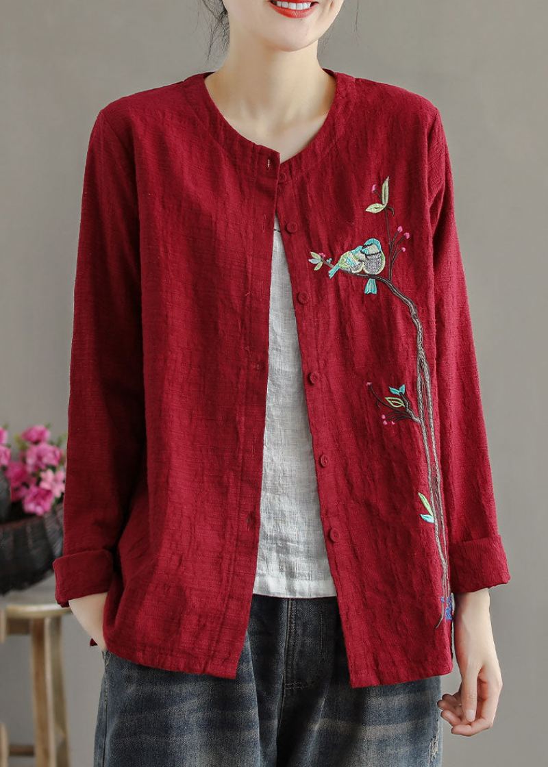 Femmes Rouge Brodé Patchwork Coton Cardigans Manteaux Printemps