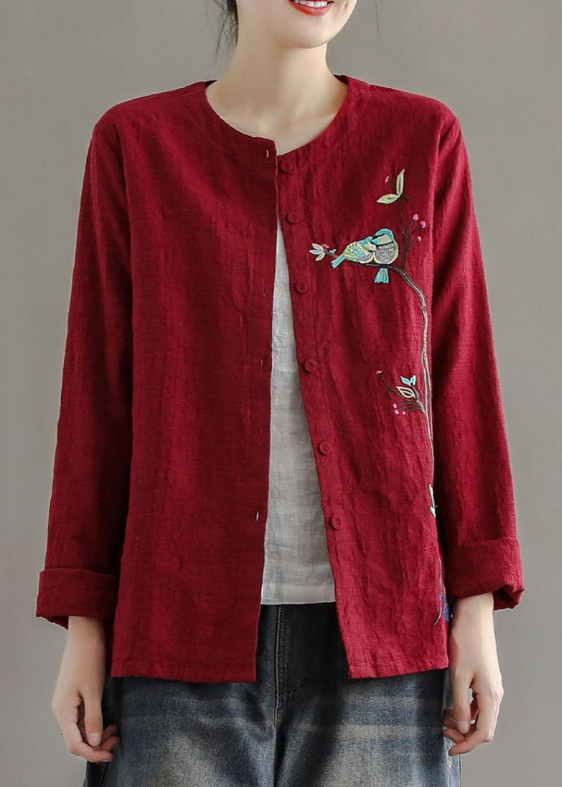 Femmes Rouge Brodé Patchwork Coton Cardigans Manteaux Printemps - Manteaux d'hiver femmes