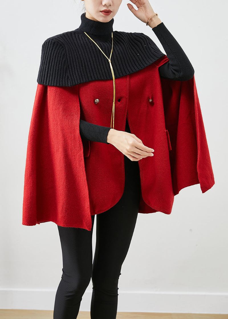 Femmes Rouge Col Haut Tricot Patchwork Manteaux De Laine Manches Cape