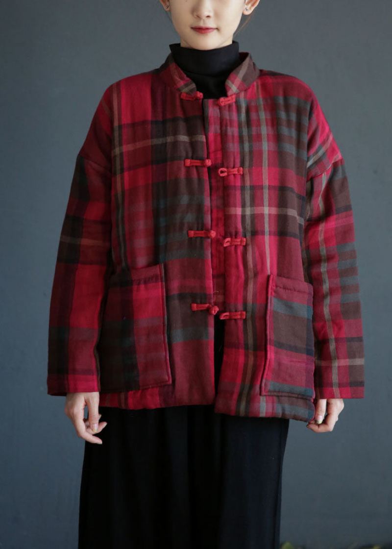 Femmes Rouge Col Montant Poches Plaid Fine Coton Rempli Manteaux Hiver