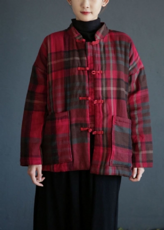 Femmes Rouge Col Montant Poches Plaid Fine Coton Rempli Manteaux Hiver