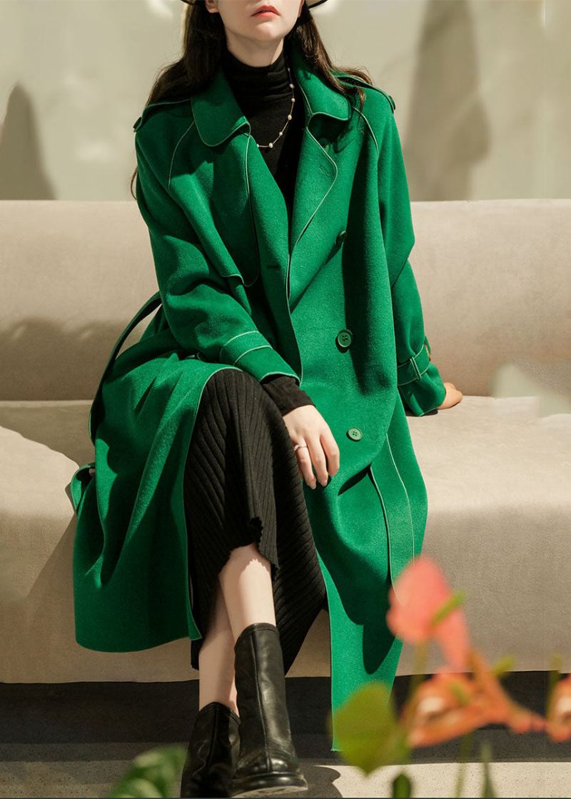 Femmes Vert Col Claudine Couleur Unie Laine Trench Manteaux Hiver