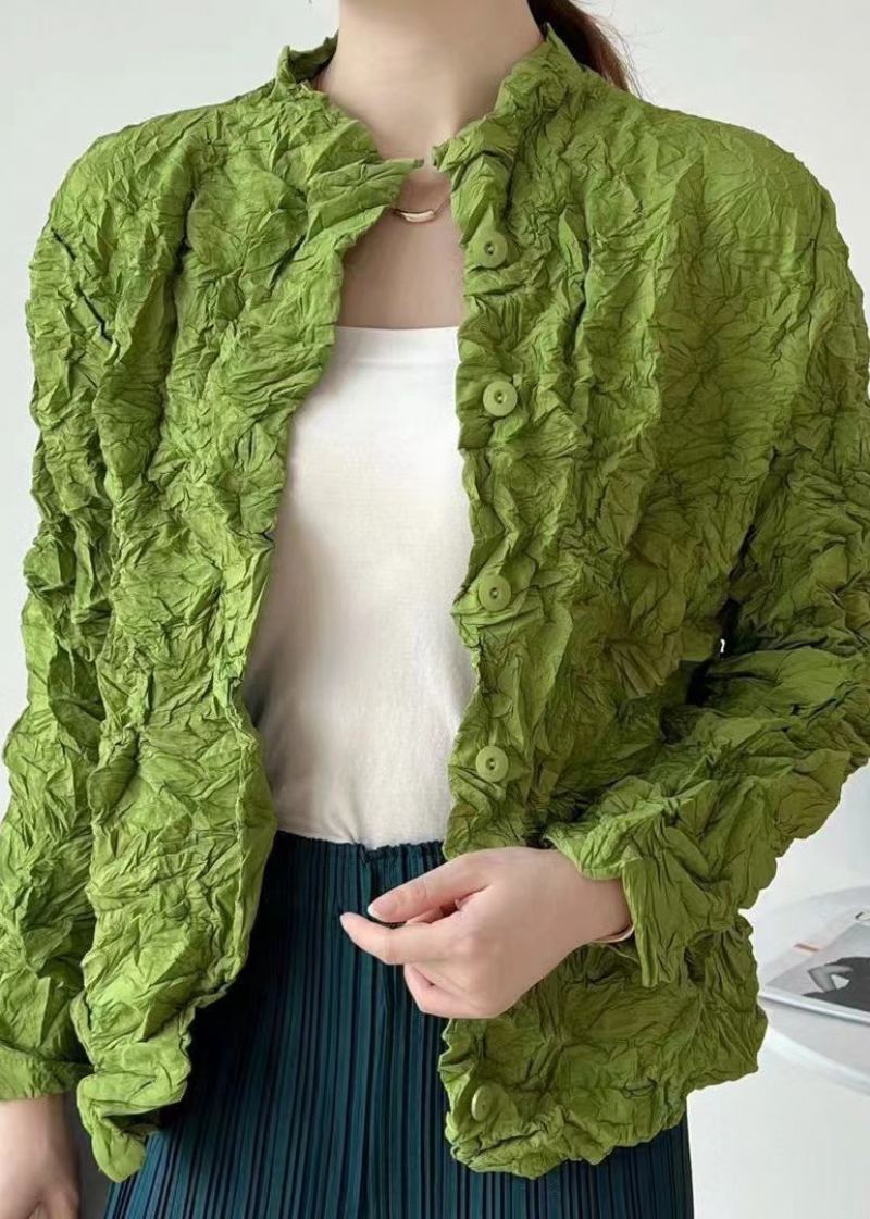 Femmes Vert Froissé Bouton Coton Mince Cardigan Manteaux Printemps