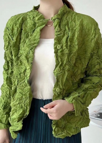 Femmes Vert Froissé Bouton Coton Mince Cardigan Manteaux Printemps