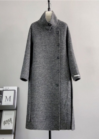 Français Gris Col Montant Bouton Laine Vêtements D'extérieur Hiver