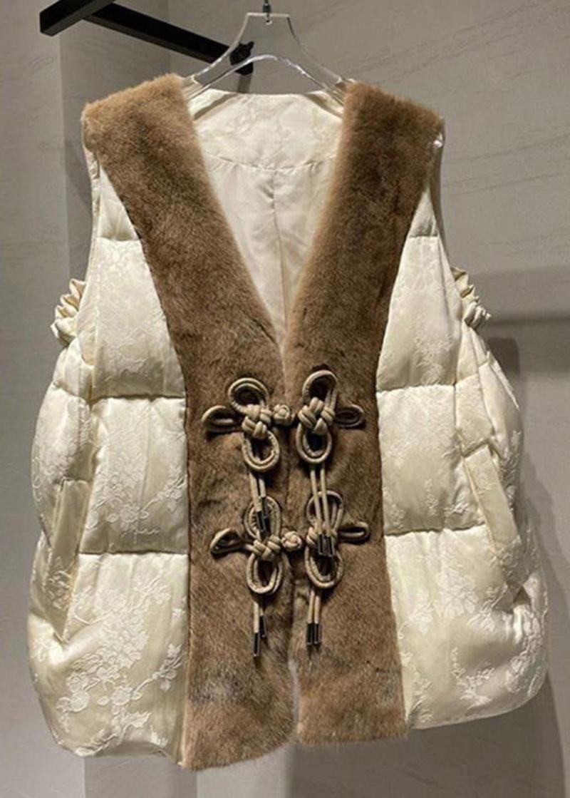 Gilet Ample En Duvet De Canard Bouton Beige Poils De Vison Patchwork Sans Manches - Manteaux d'hiver femmes