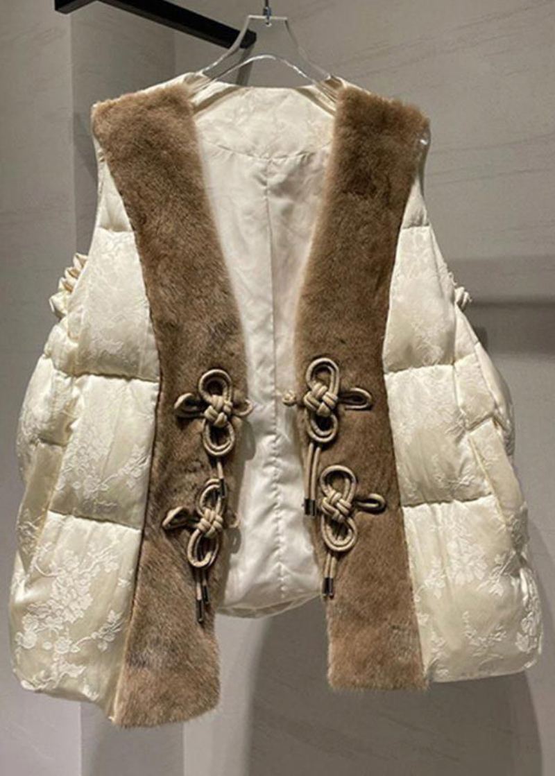 Gilet Ample En Duvet De Canard Bouton Beige Poils De Vison Patchwork Sans Manches - Manteaux d'hiver femmes